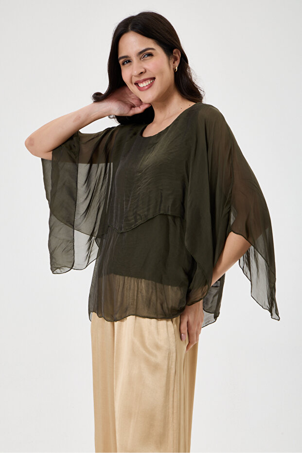 Dark Khaki Italian Poncho Sleeve Lined Short Silk Blouse Size 38 - 42