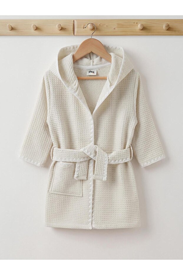 Hooded Bathrobe with Pockets - Beige