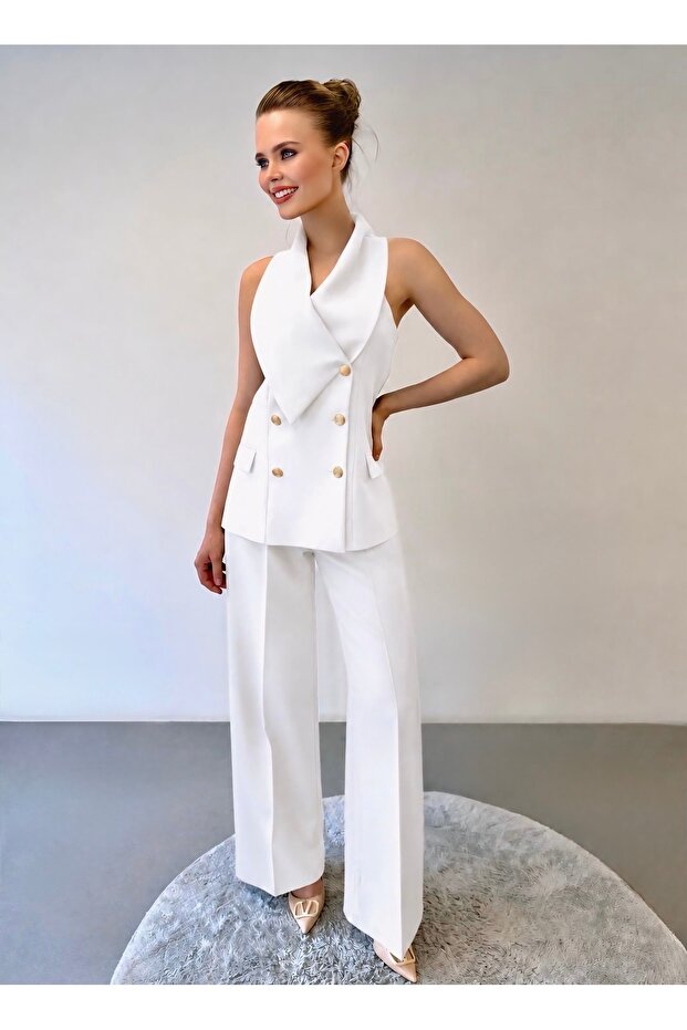 Stylish Gold Button Detailed Shawl Collar Vest and White Trouser Set