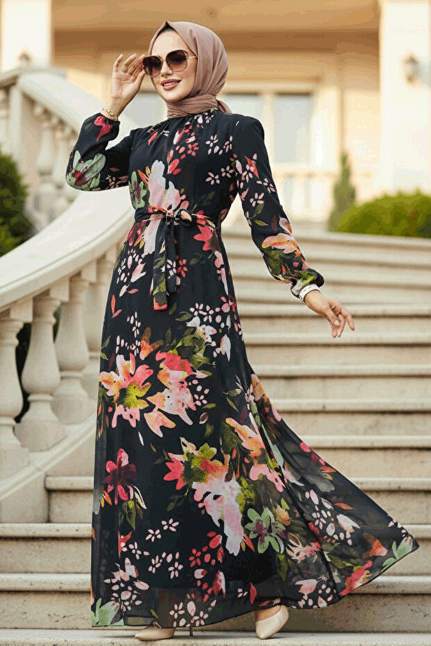 Floral Patterned Powder Hijab Dress 27942Pd