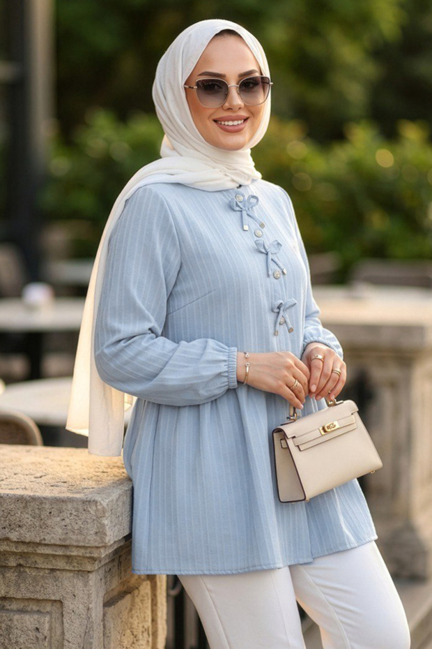 Buttoned Blue Hijab Tunic 11002m