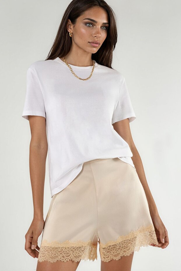 High Waist Lace Detailed Satin Shorts