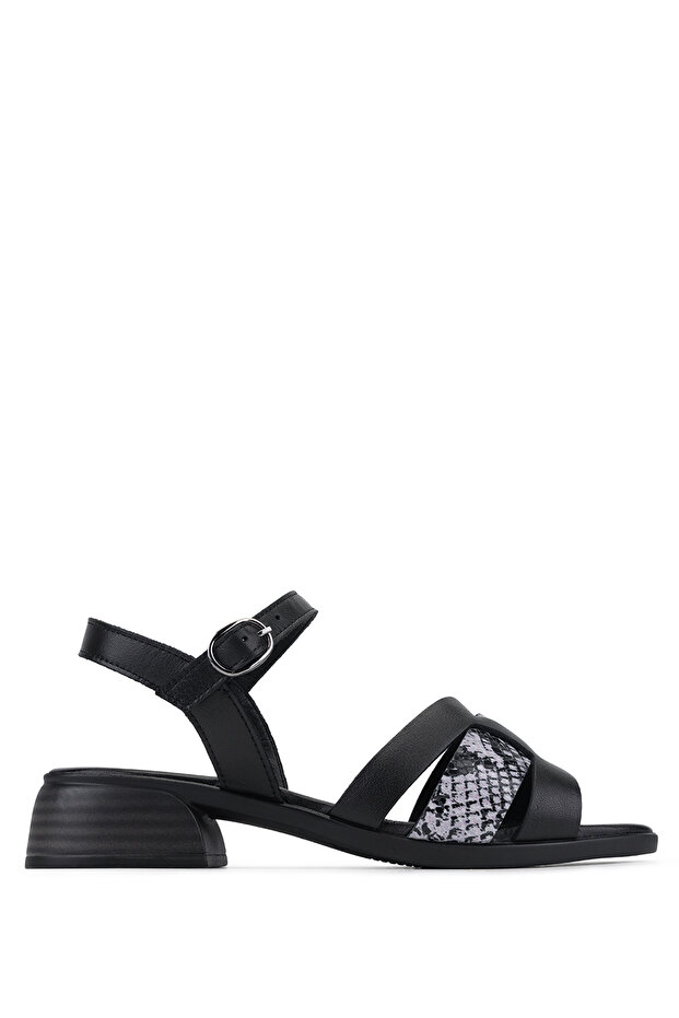Women's Genuine Leather Black Heeled Sandals