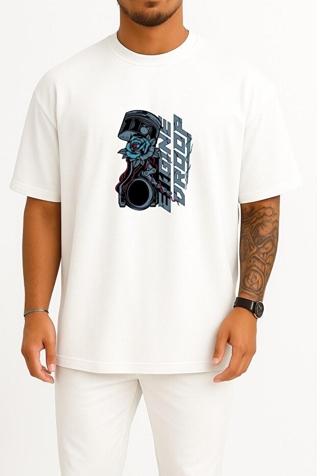 Oversized Engine Droop Göğüs Printed Unisex T-Shirt