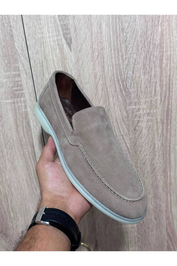 Beige Nubuck Leather Men's Loafer Shoes