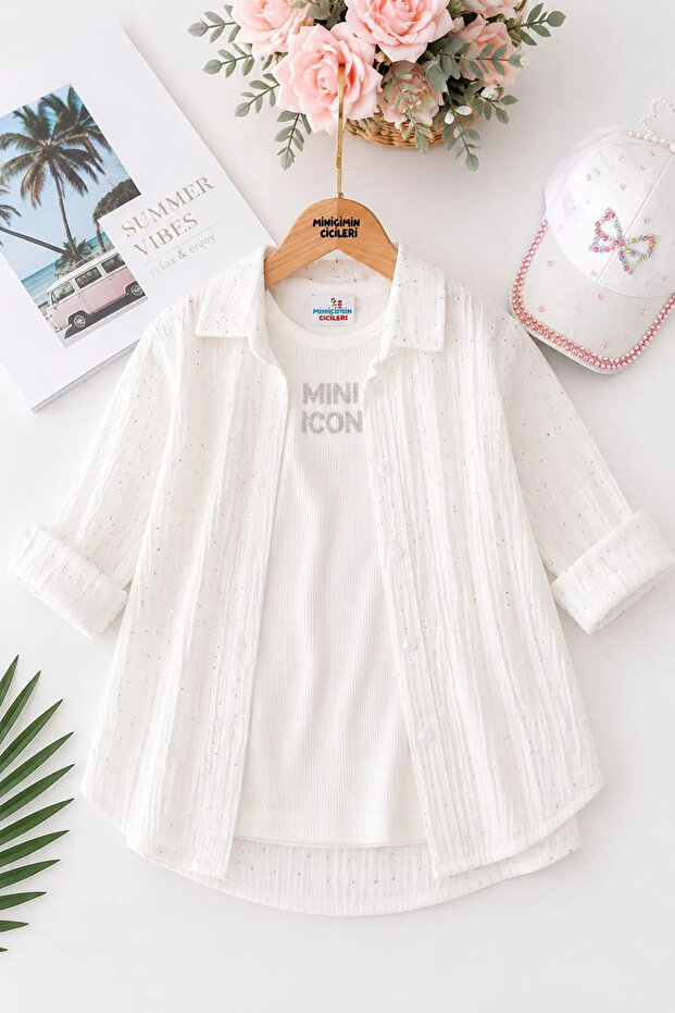 Sparkling Stone Shirt and Crop Girls' Set - White