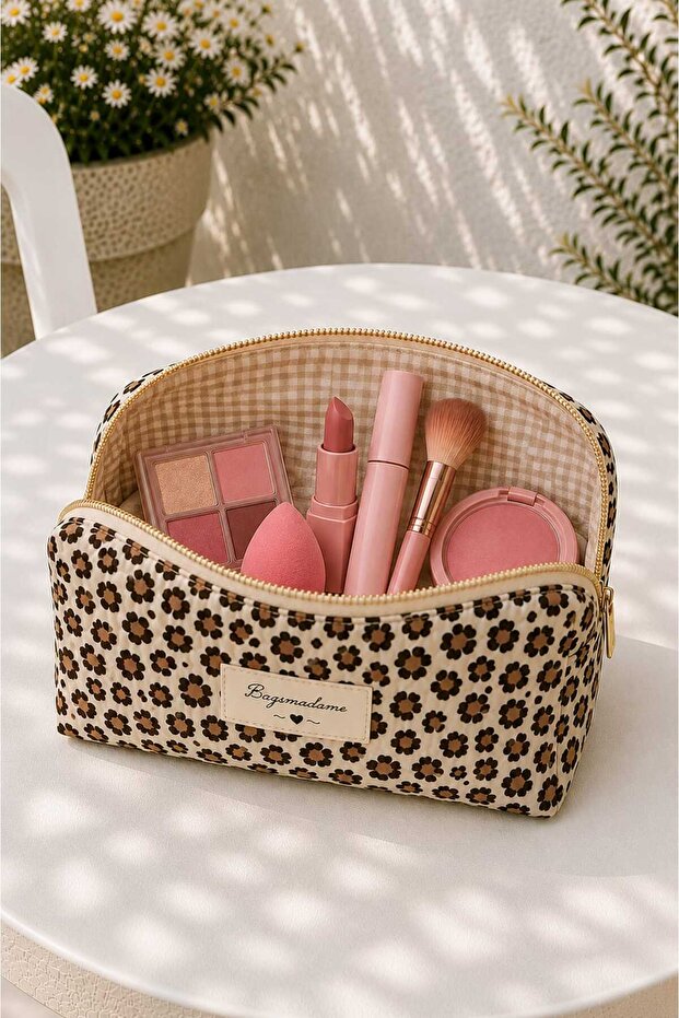 Leopard Patterned Cosmetic Travel Organizer and Makeup Bag Large Size 20X19 cm