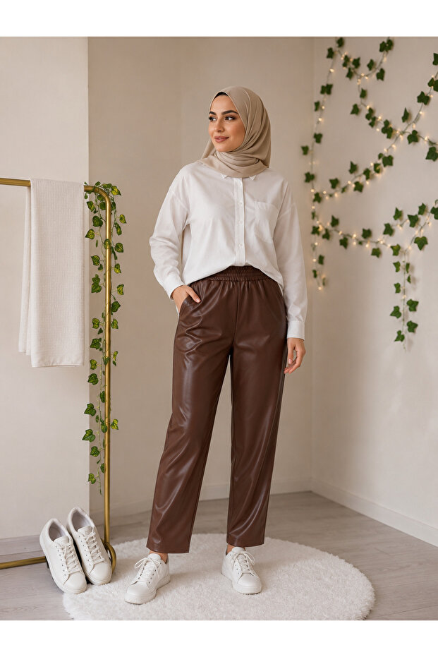 Tan Leather Trousers with Elastic Waist