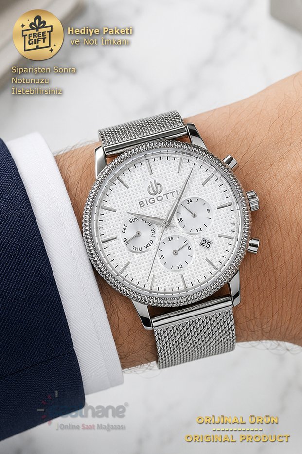 Original Bigotti Model Functions Active Steel Business Wear Combination Wicker Cord Men's Wristwatch