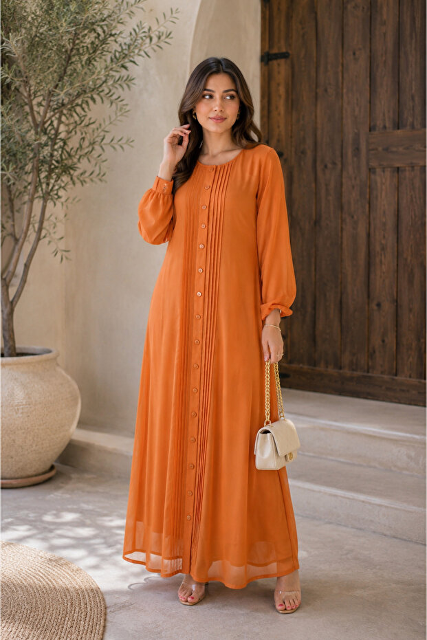 Hana- Elegant Chiffon fully lined pleated button down dress- ORANGE