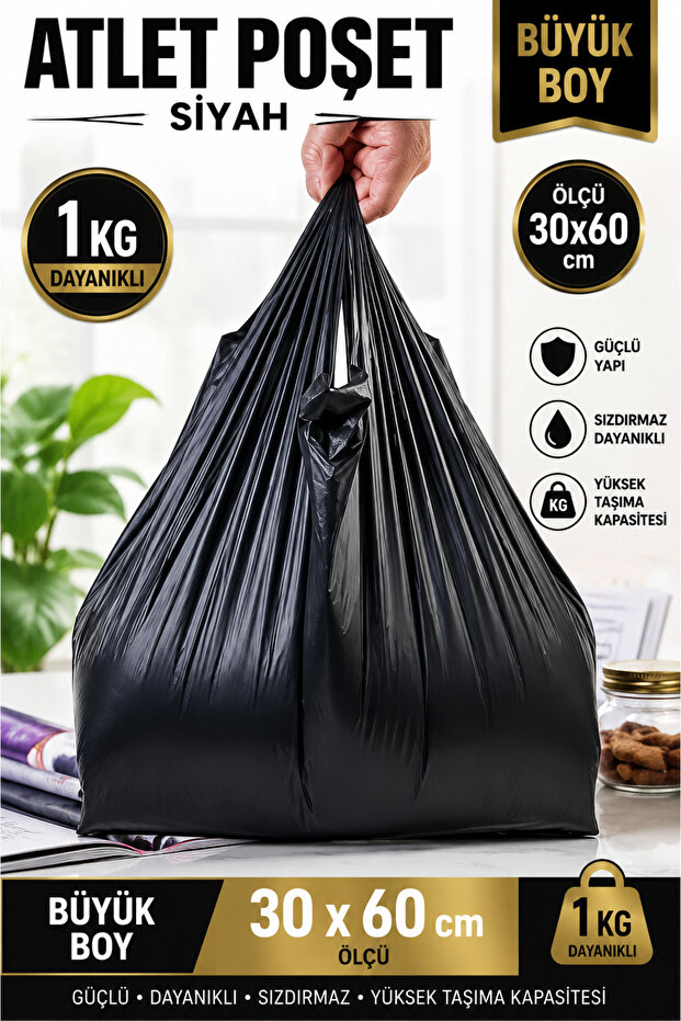 1 kg Large Black Athlete Bag ❤️ Durable Grocery, Vegetable, and Restaurant Bag ❤️ 30X60 cm ❤️ Bathroom Trash