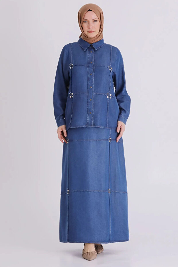 Plus Size Tencel Denim Suit with Hijab Skirt 38001 Dark Blue
