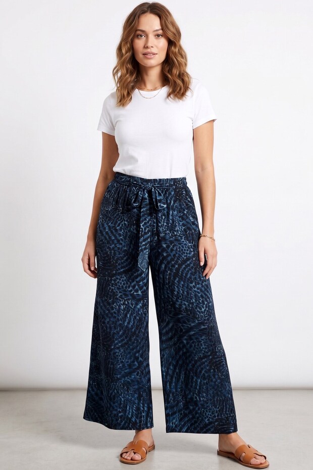 Women's Black Petrol Abstract Patterned Atlas Wide Leg Pants