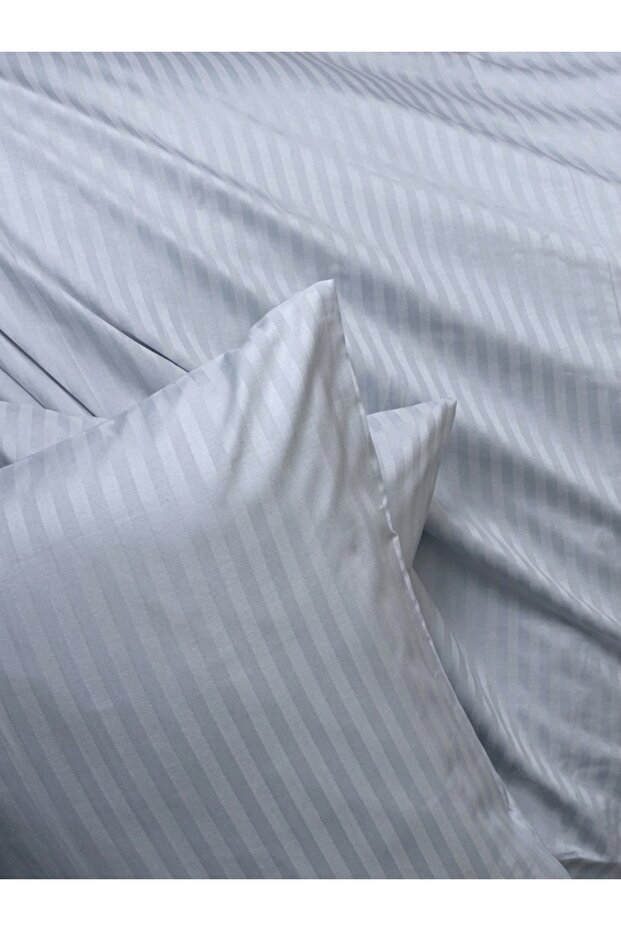 Double Premium Cotton Satin Striped Duvet Cover Set Light Gray