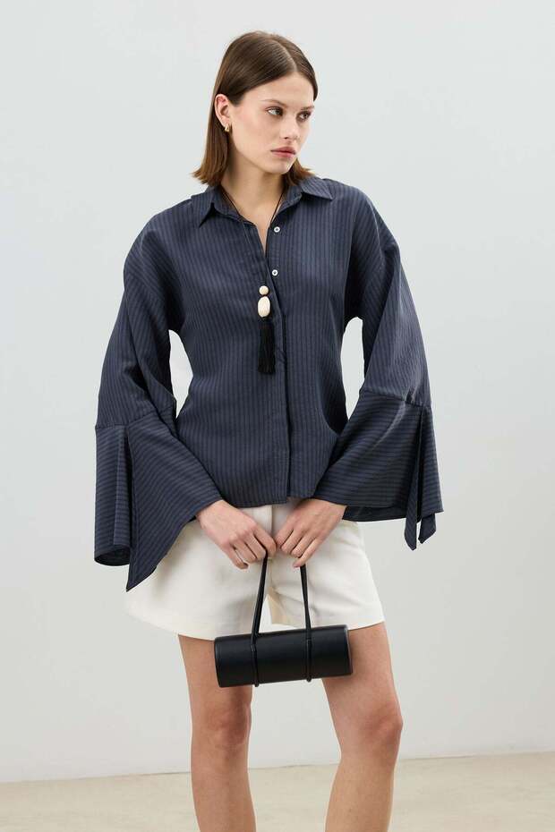 Anthracite Striped Women's Shirt with Tie Sleeves