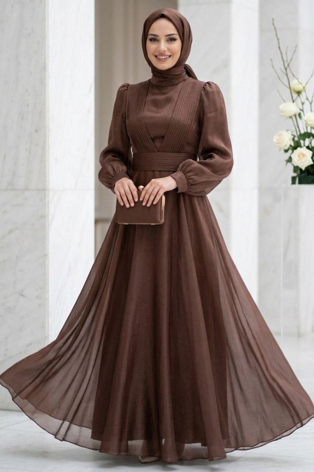 Drape Detailed Brown Hijab Evening Dress 45701Kh