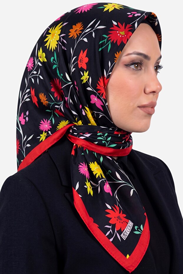 Women's Black Red Floral Patterned Organic Cotton Soft Scarf