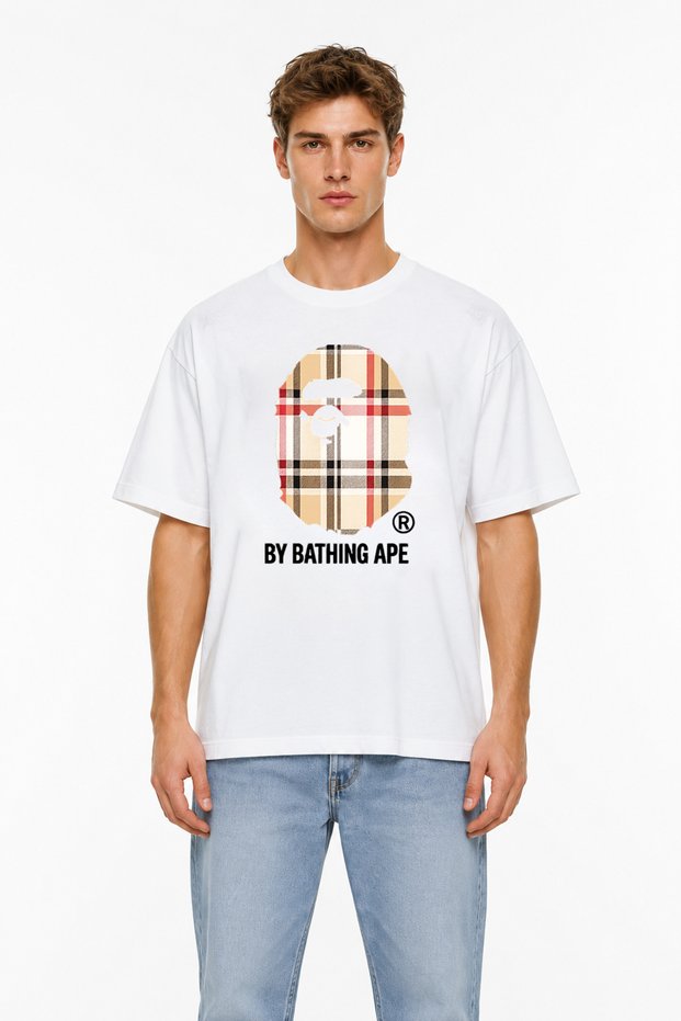 Unisex Women's Men's Bape Burb Plaid Beige Front Printed Oversized Thick Fabric Relaxed Fit T-Shirt