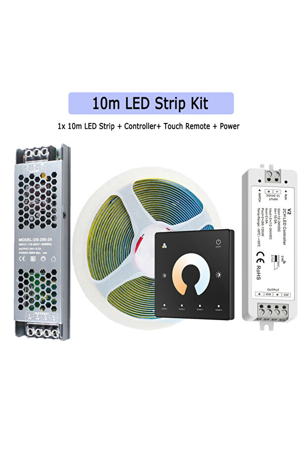 1x10m Full Kit 5M 10M 20M COB CCT LED Strip 24V Flexible High Density Dimmable Room Light 2.4G RF To