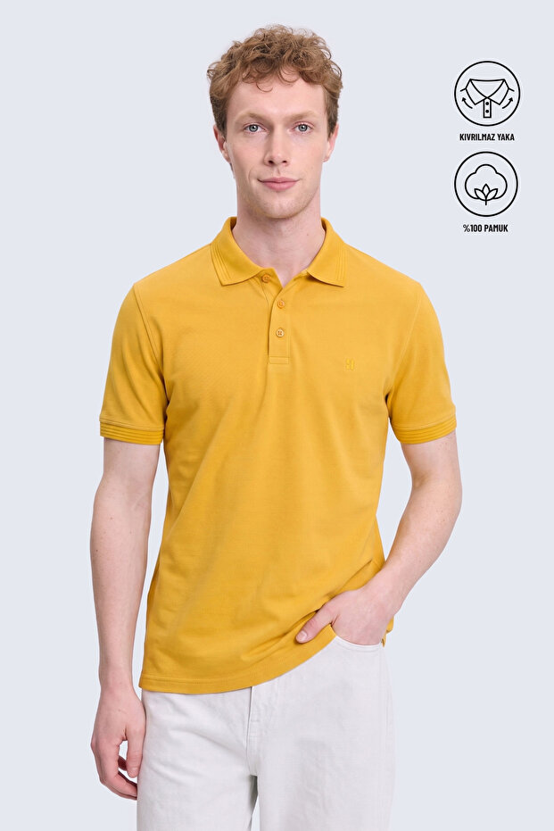 Yellow Regular Fit Non-Curling Polo Collar 100% Cotton T-Shirt