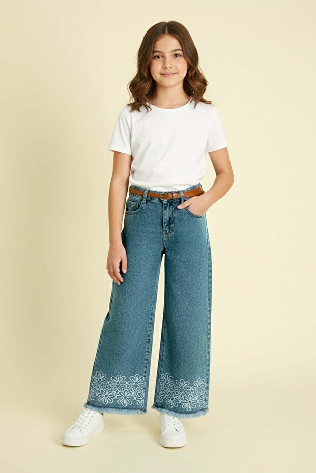 Flower Embroidered Girl's Pants with Adjustable Waist
