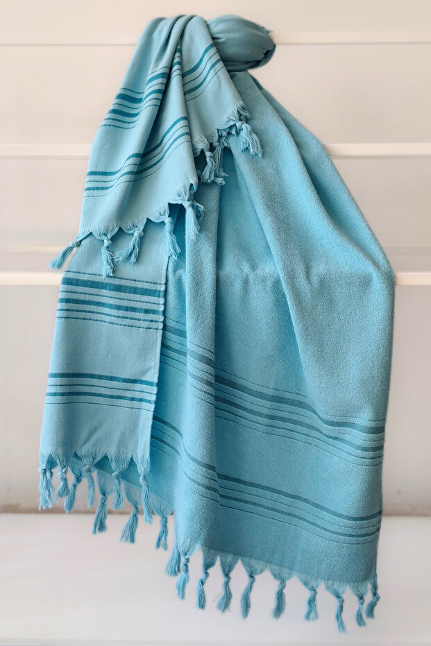 Striped Turquoise 100% Cotton Towel Peshtemal - 90X170 cm - Quality and Soft