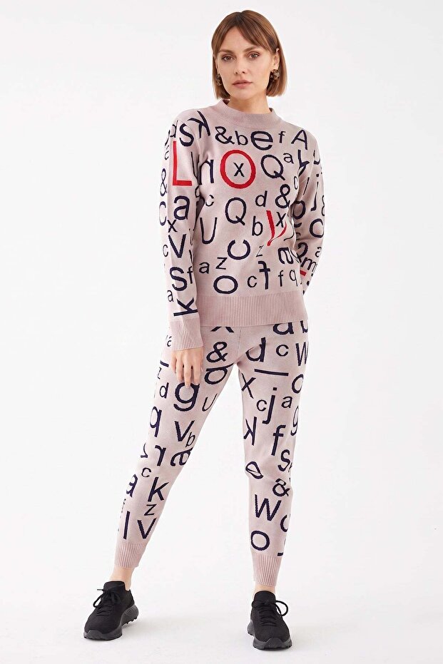 Letter Patterned Crew Neck Knitwear 2-Piece Set