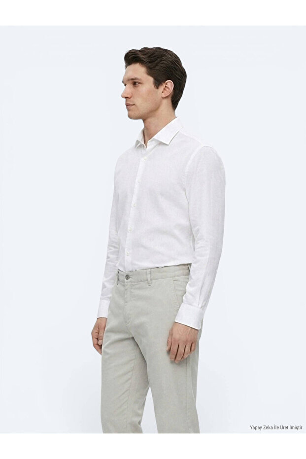 Men's White Plain Woven Long Sleeve Shirt