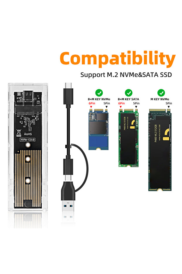 علبة قرص صلب E-NvmeSATA-21 M.2 NVME PCIe NGFF SATA ثنائية البروتوكول، شفافة، منفذ USB من النوع C بسرعة 10 جيجابت في الثانية، PCI-E M2 SSD