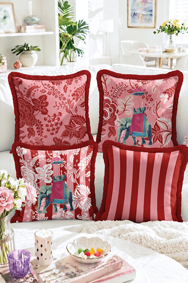 Pink Red 4-Piece Fringed Throw Pillow Cover Set with Elephant Figure, Floral Pattern and Stripes