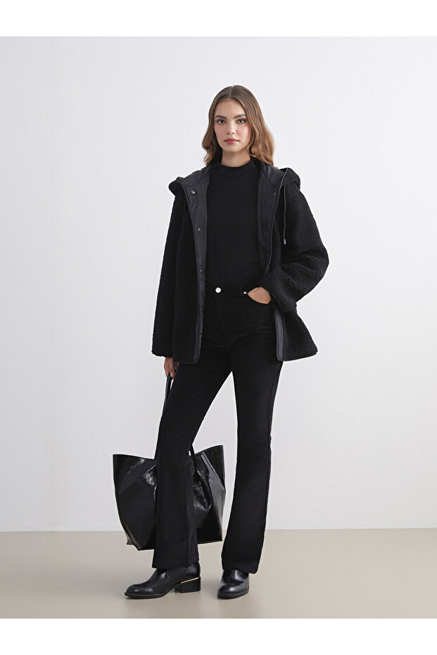 Texx Store Quality Lcw Modest Black Velvet Straight Tight & Slim Spanish-Cut Women's Trousers