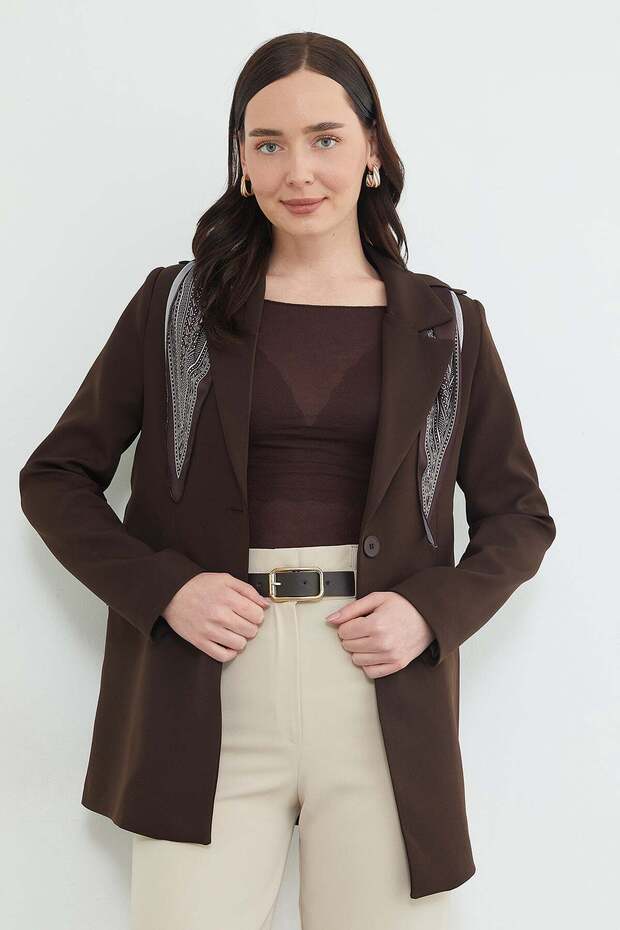 Scarf Detailed Shoulder Padded Blazer Jacket