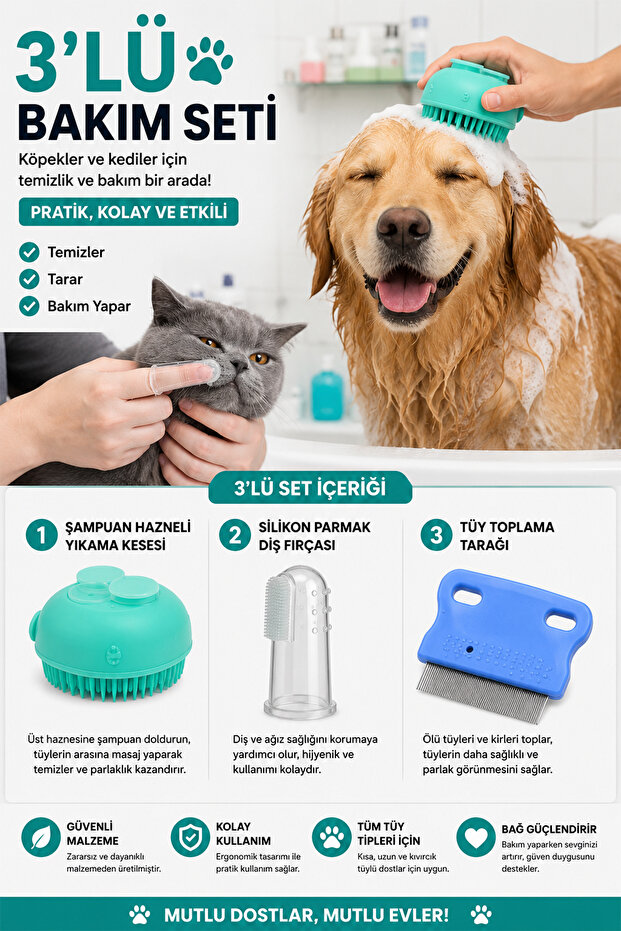 3-Piece Cat and Dog Grooming Set – Washing Pouch with Shampoo Container, Flea and Tick Comb, Finger Toothbrush