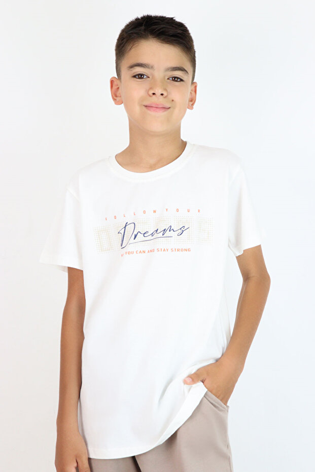 تي شيرت للأولاد مطبوع عليه نص منقوش، للأعمار من 8 إلى 14 سنة، إكرو