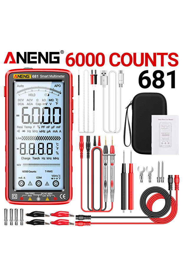 ANENG 681 Red Pro ANENG 681 Rechargable Digital Professional Multimeter Non-contact Voltage Tester A