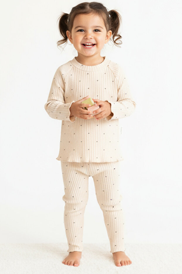 Kalp Printed Ribbed Knit Bottom-Top Set – Beige
