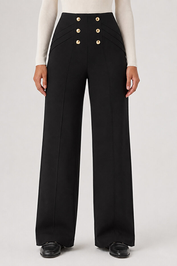 Gold Button Trousers Detailed Wide Cut Trousers