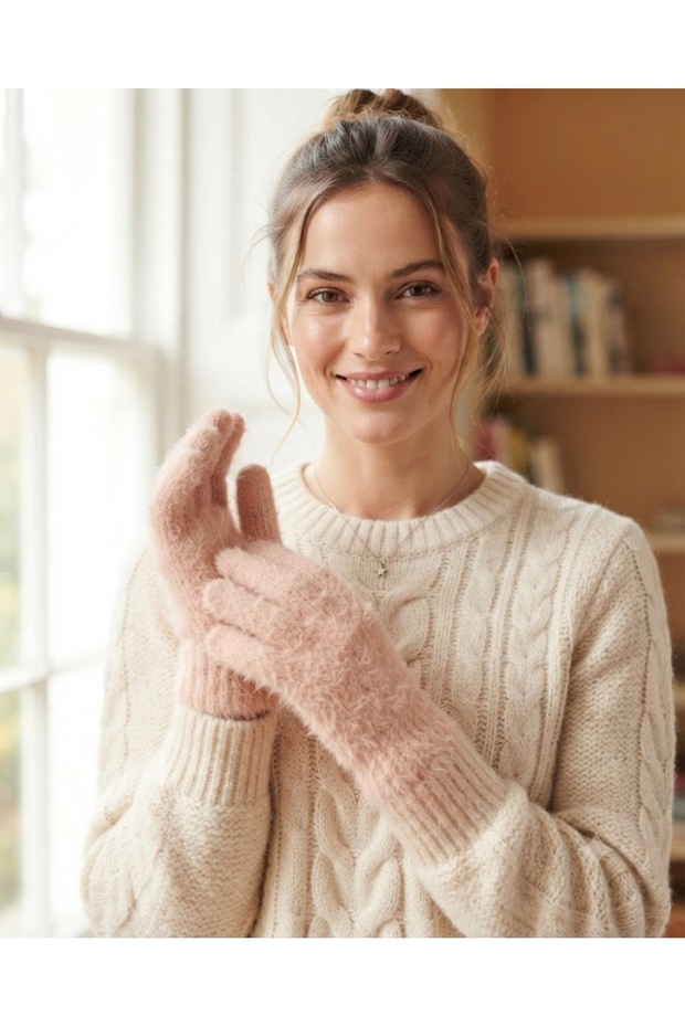 Unisex Sera Eldiven Fo 5572 Apricot Color Premium - Furry and Soft Textured Winter Knitted Gloves (Made in Turkey)