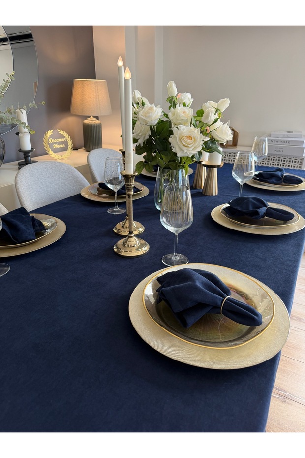 Pearl Velvet Textured Navy Blue Tablecloth (Napkins Not Included)