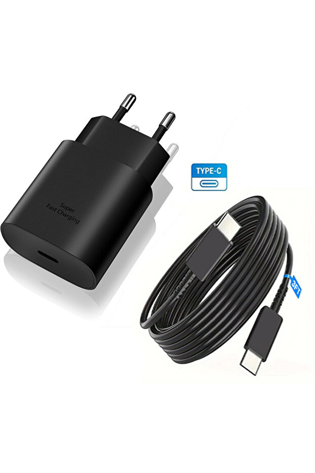 شاحن أسود مع كابل Type-C بطول 1 متر وقدرة 25 واط، شاحن سريع جداً USB-C PD، محول طاقة حائطي من النوع C إلى Type-C