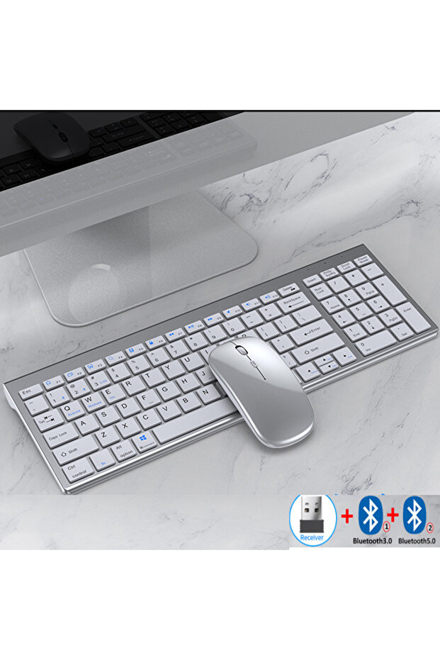 Silver Spanish Jomaa Slim Rechargeable Bluetooth Keyboard and Mouse Set for Laptop Computer 2.4G USB