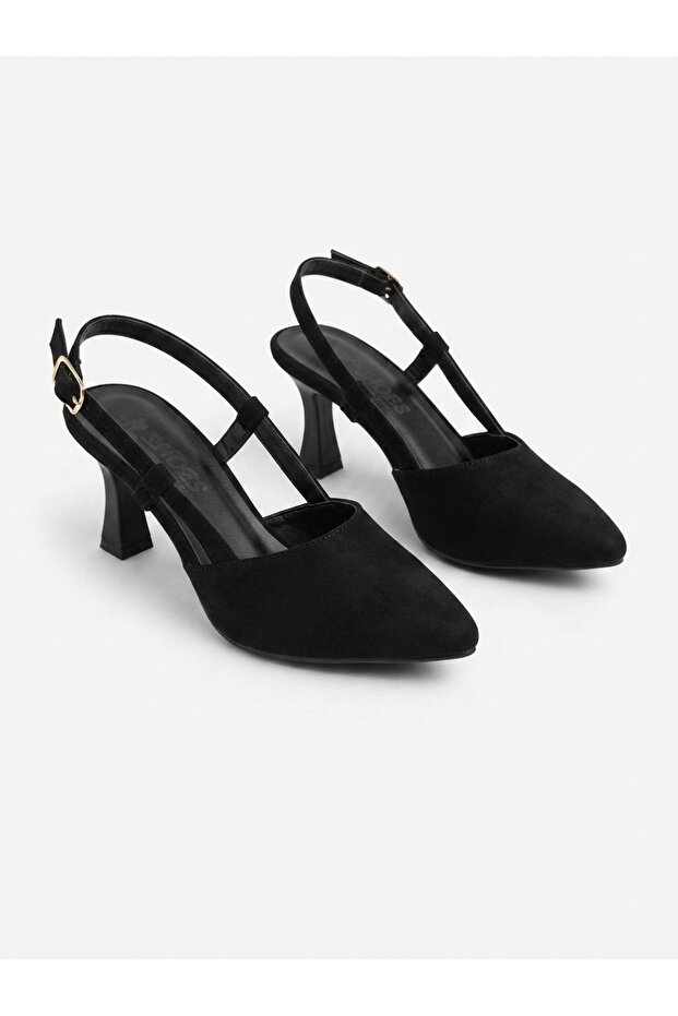 Ahsen Women's Black Plain Satin Open Back 7 cm Heeled Shoes
