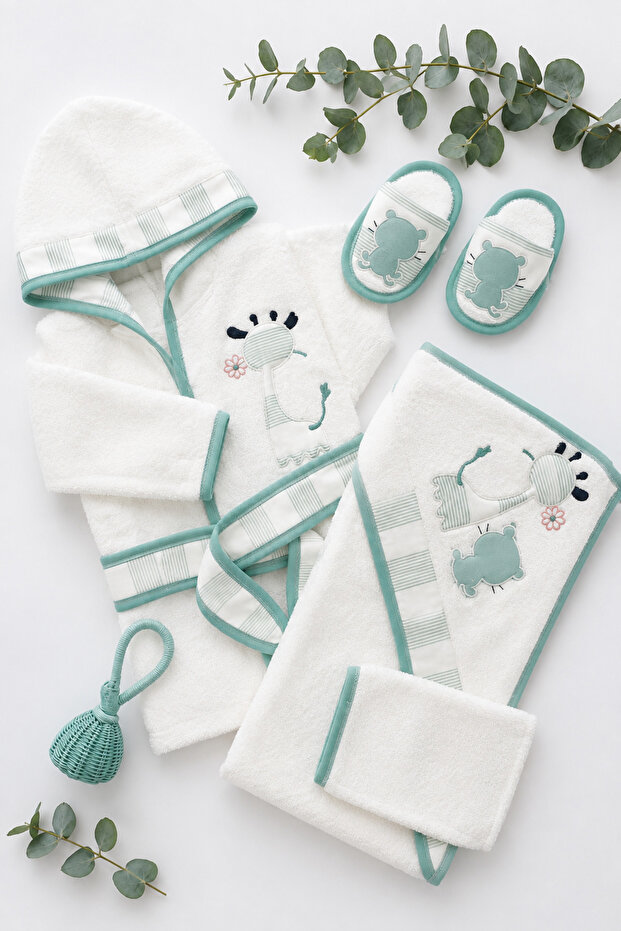 4-Piece Baby Set Cute Giraffe Embroidered Towel, Bathrobe, Booties - 100% Cotton
