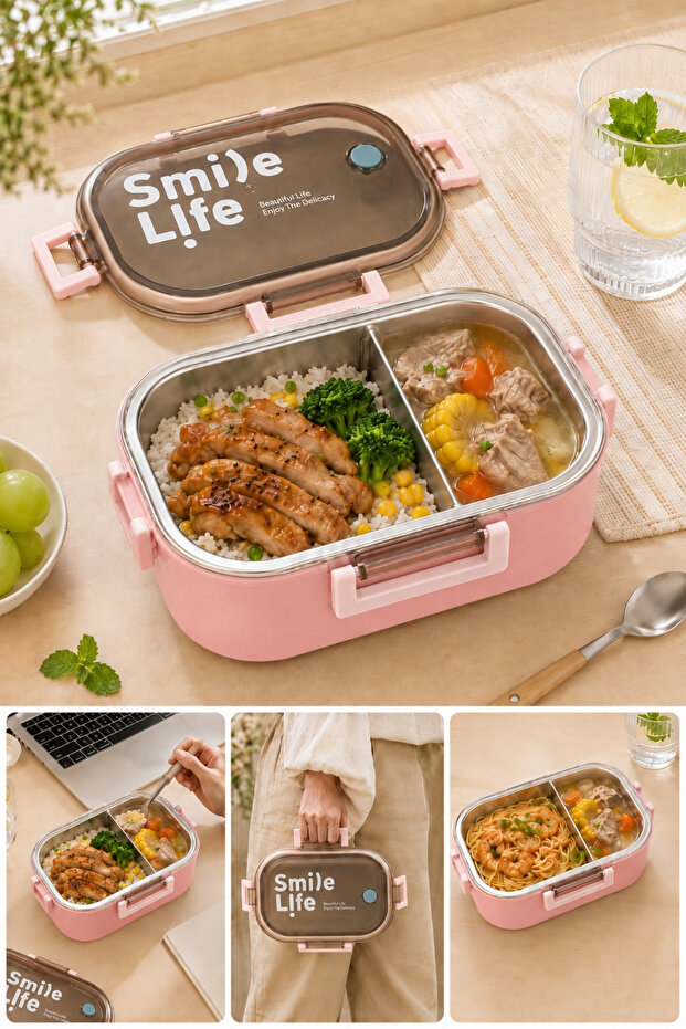 Smile Life 980 ml 304 Stainless Steel Lunch Box – with Removable Divider, Locks on 4 Sides