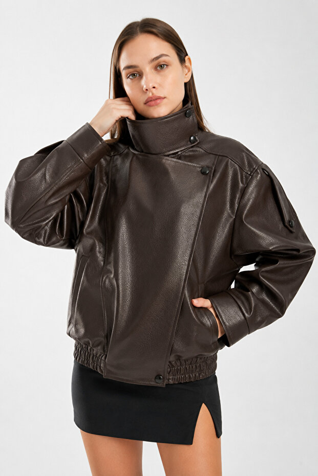 High Collar Bitter Brown Women's Oversize Jacket with Shoulder Detail