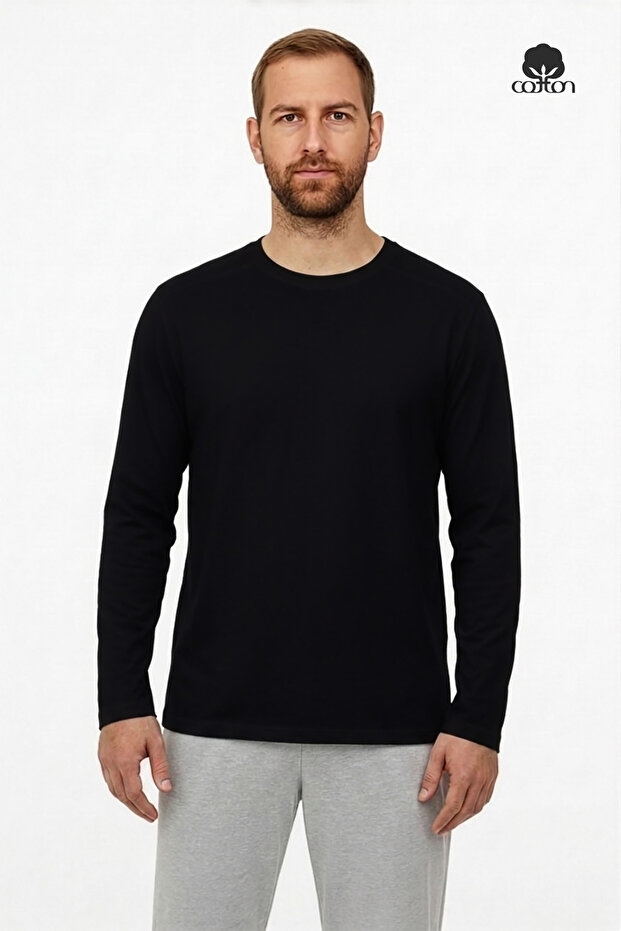 Men's Colbert Long Sleeve O Neck Unprinted Flowy Combed Cotton T-Shirt Black
