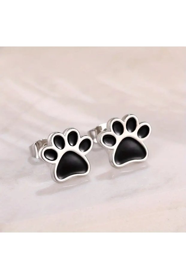 silver Enamel Black Puppy Dog Paw Earrings Stainless Steel Bear Footprint Stud Earrings For Women
