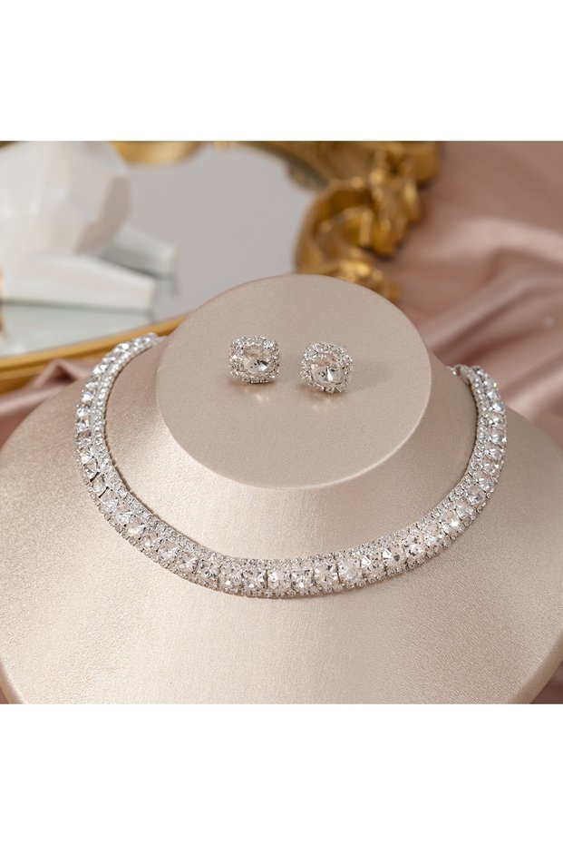 silver Women's Rhinestone Decorated Necklace & EarringsTrendy Jewelry Set Fashionable Accessories fo