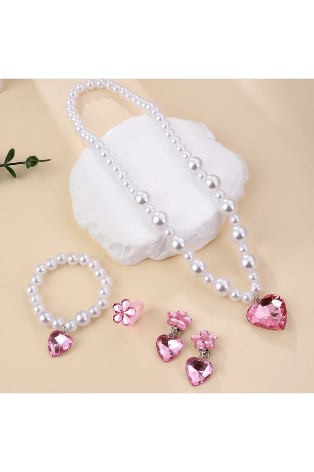 pink 5pcs Kids Imitation Pearl Jewelry Set Necklace Bracelet Heart Pendant Earrings Ring Gift for Gi
