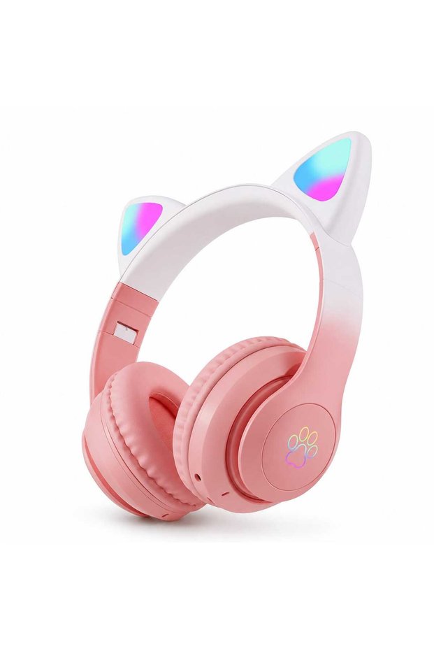 K10 Kids Christmas Birthday Cat Ears Bluetooth Foldable LED Light Up Headphones with Microphone with Micro SD Card Slot Pink